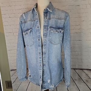 Zara Men’s Distressed Denim Overshirt - Relaxed Fit Snap Down Shacket Size M